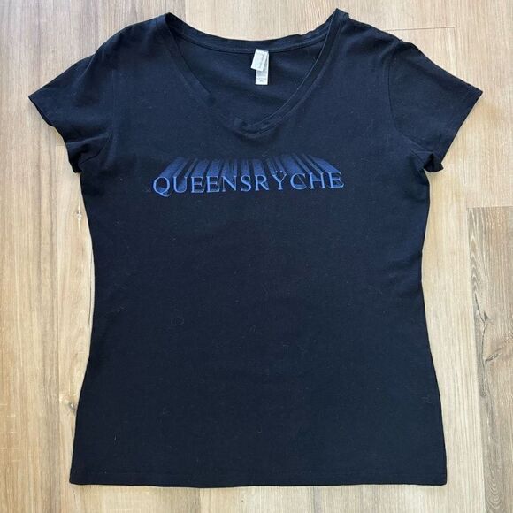 Next Level Apparel Women’s XL Black Blue Queensryche V Neck Top Shirt - Picture 1 of 3
